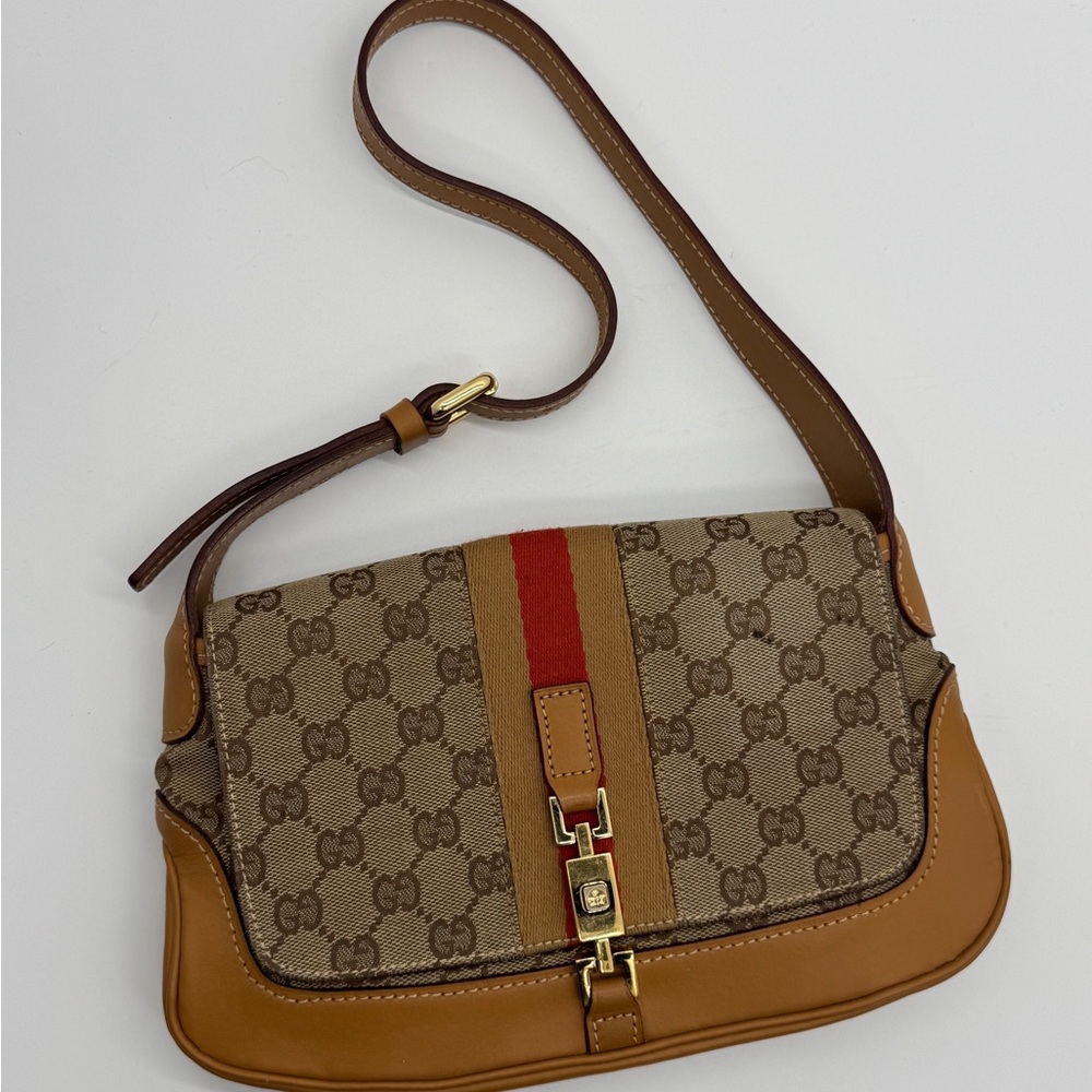 Gucci Jackie Brown Monogram Canvas Shoulder Bag with Red Stripe